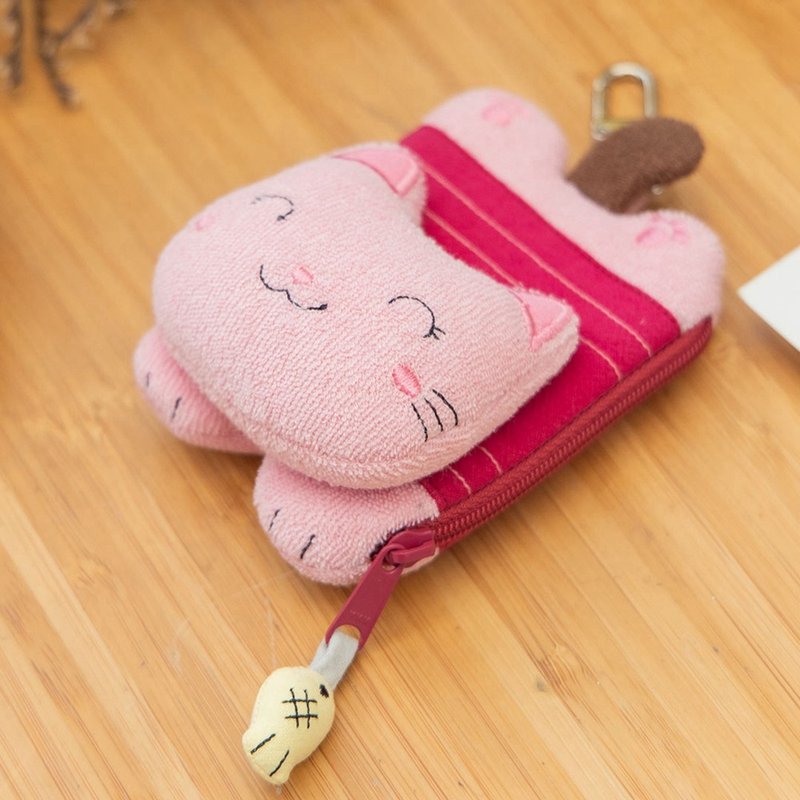 Pink cat, black cat, white cat terry cloth pendant coin purse [82038] - กระเป๋าสตางค์ - ผ้าฝ้าย/ผ้าลินิน หลากหลายสี