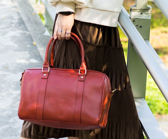 Genuine leather portable fashion Boston bag-5421cd red - Shop