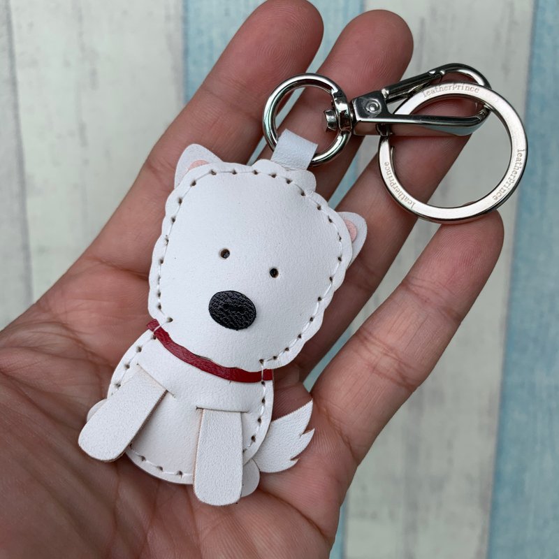 Healing little thing white cute Sisa dog pure hand-stitched leather keychain small size - Keychains - Genuine Leather White