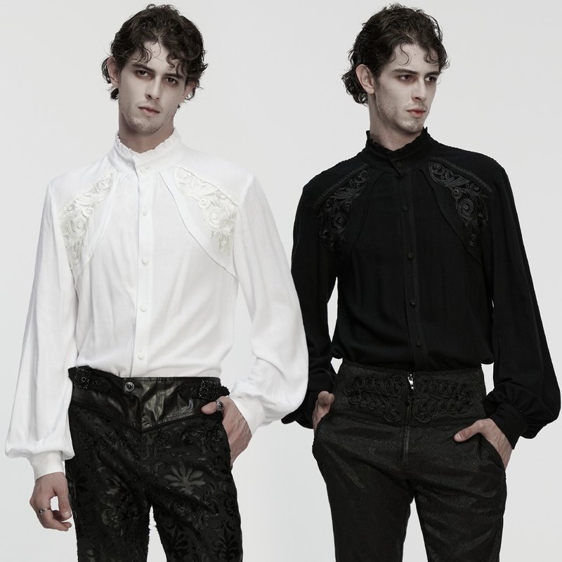 ゴシック錬金術師アップリケスタンドカラーコットンリネンシャツ - ブラック / ホワイト - ブレザー メンズ - その他の素材 ホワイト