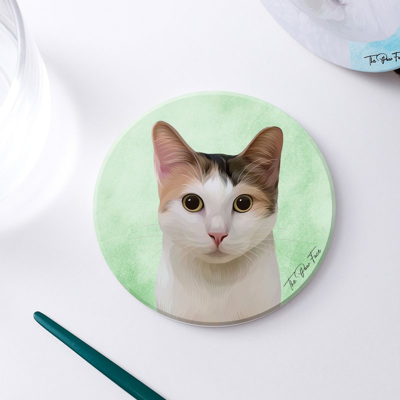 Calico Cat-round ceramic absorbent coaster/animal/homeware - ที่รองแก้ว - ดินเผา 
