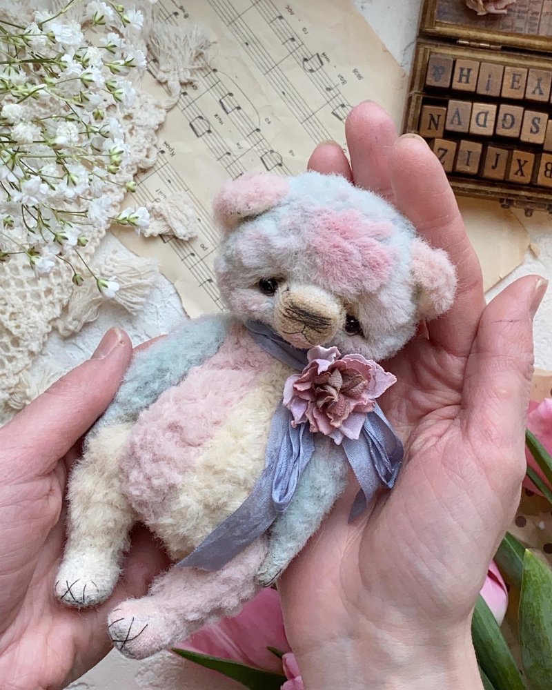 Stuffed  teddy bear, artist  plushies figurine, memory bear,  bear doll toy - Stuffed Dolls & Figurines - Other Metals Pink