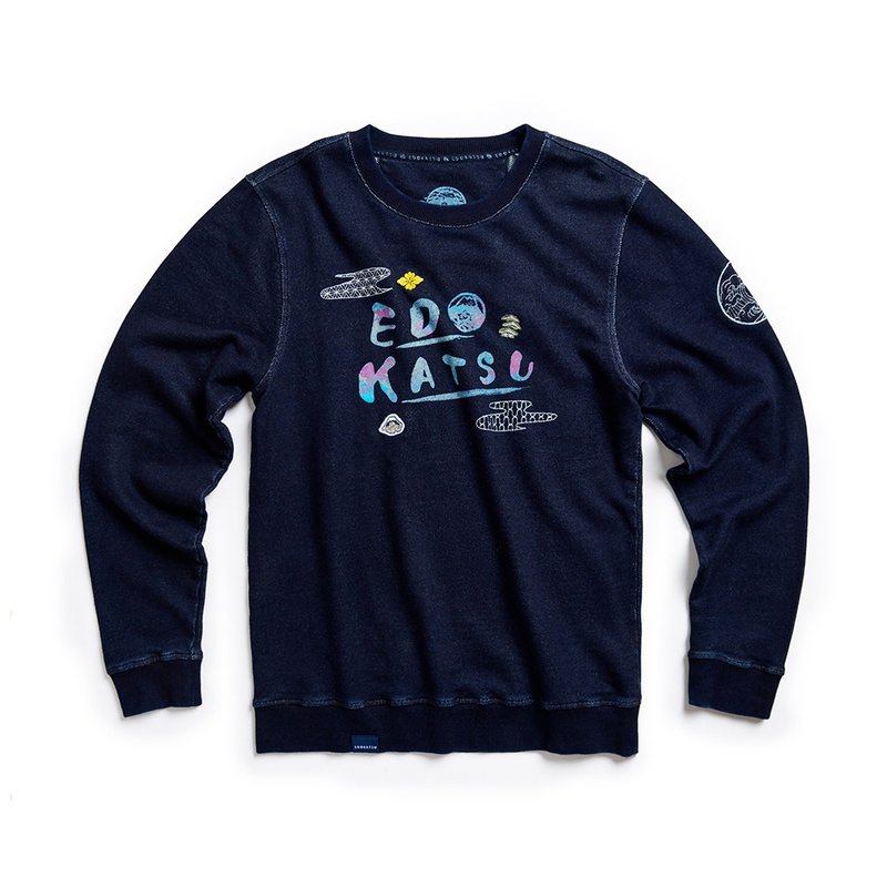 Edo Katsuri Watercolor Sweatshirt-Men's Clothes (Yement Washed Blue) #衣衣 - เสื้อฮู้ด - ผ้าฝ้าย/ผ้าลินิน สีน้ำเงิน