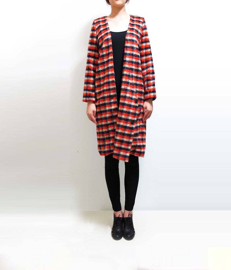 Wahr_ Orange Plaid wool long coat - Women's Casual & Functional Jackets - Other Materials 