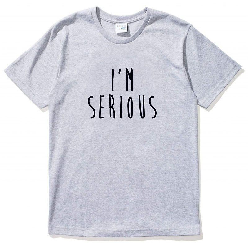 I'M SERIOUS半袖Tシャツグレーのテキスト、テキスト、芸術的なデザイン、ファッショナブル - Tシャツ メンズ - コットン・麻 グレー