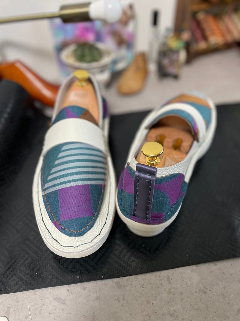 Japan Made 播州織 白色×緹花 樂福鞋 - 其他 - 真皮 藍色