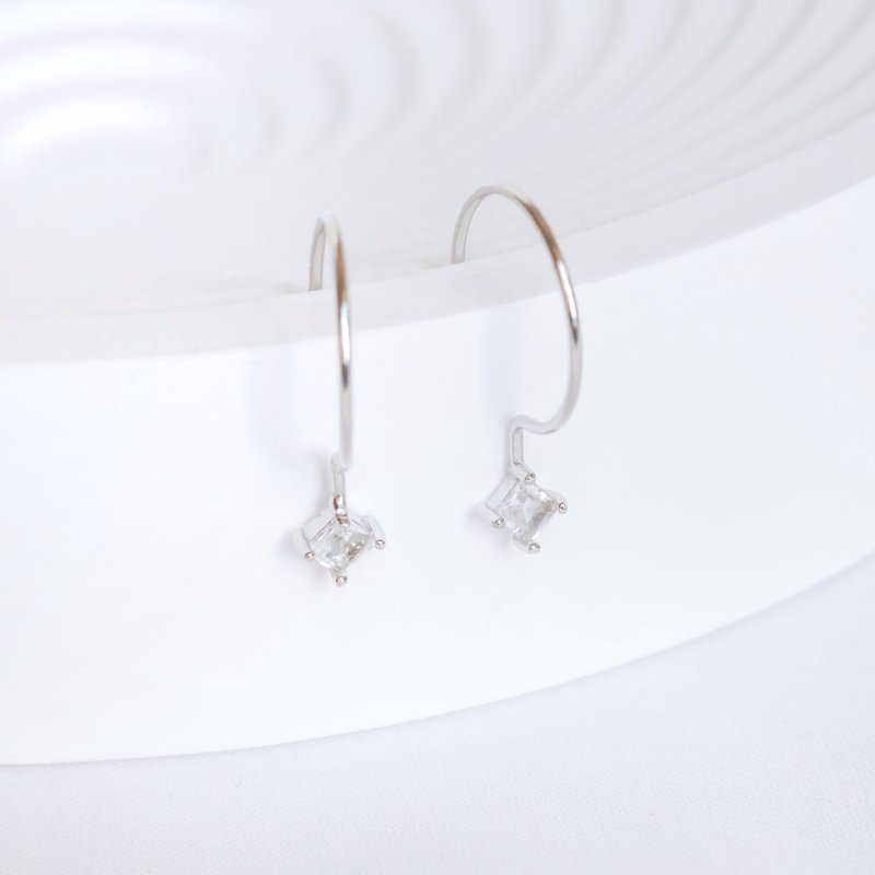 White crystal 925 sterling silver square design ear hook earrings - Earrings & Clip-ons - Crystal Silver