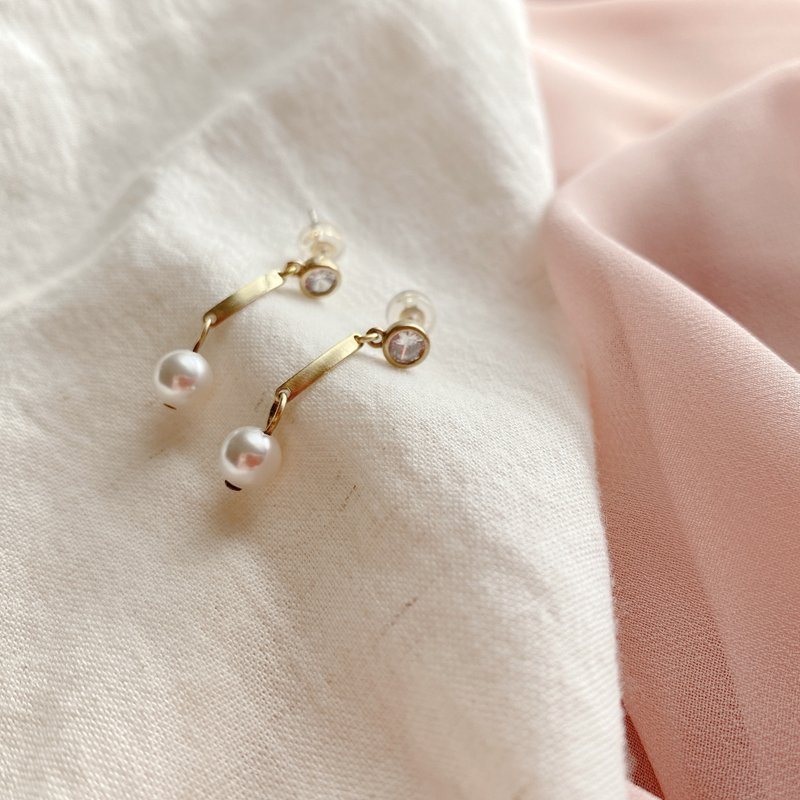 Relaxed-Brass zircon earrings - ต่างหู - ทองแดงทองเหลือง สีทอง