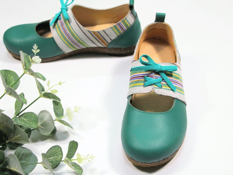 Healthy and beautiful shoes-thumbs eversion//soft and stress-relieving//green color strips - Women's Leather Shoes - Genuine Leather Green