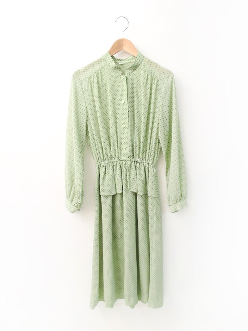 Japanese vintage sweet cute mint green dot long-sleeved vintage dress Japanese Vintage Dress - ชุดเดรส - เส้นใยสังเคราะห์ สีเขียว