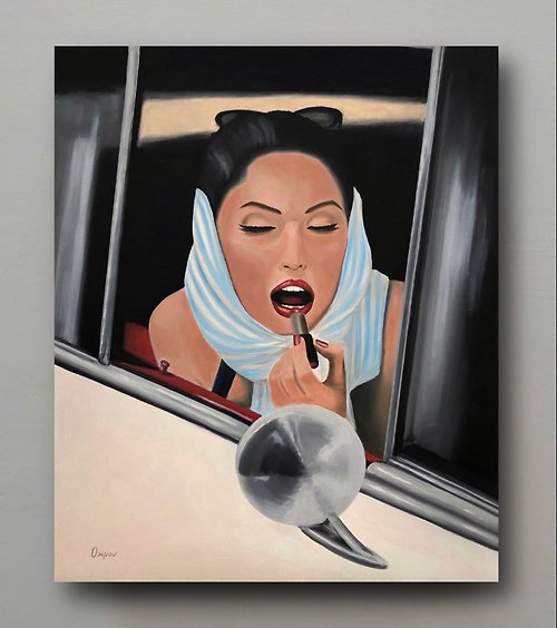 OsipovArtStudio Original Women Painting Oil Painting On Canvas Car Painting Red Lips Artwork