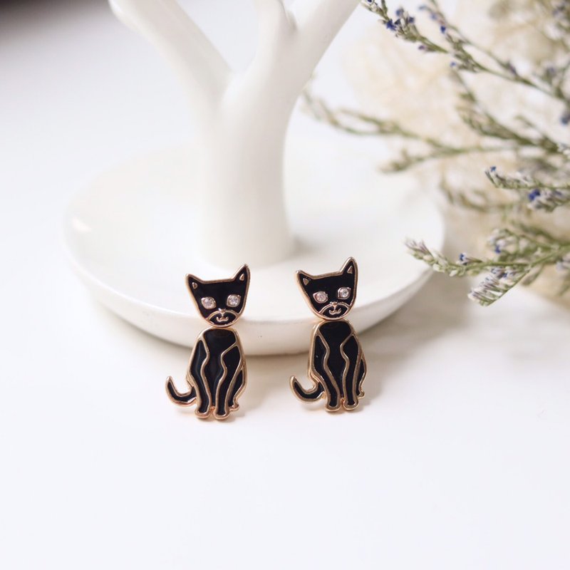 Black Cat Enamel Earrings, Black cat earrings, Two part earrings - ต่างหู - โลหะ สีดำ