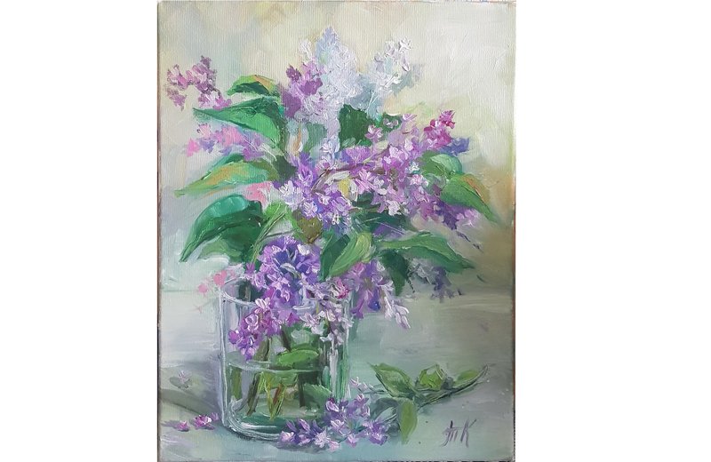 Lilac Painting  original art Flowers bouquet  in vase impressionism oil painting - 海報/掛畫/掛布 - 其他材質 