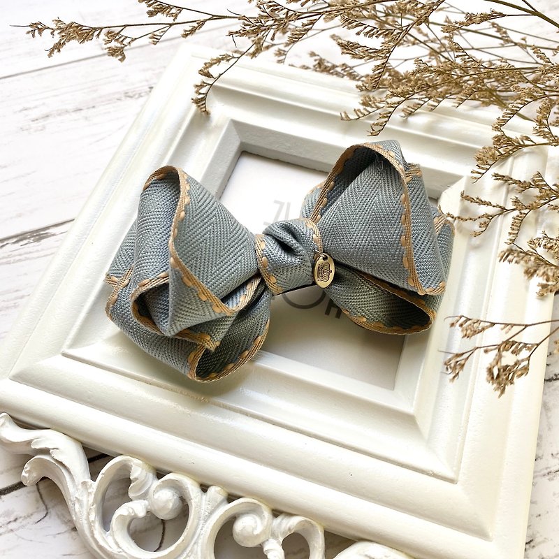 Jumper Herringbone Webbing Bow Spring Clip/Grey Green - Hair Accessories - Other Materials Gray