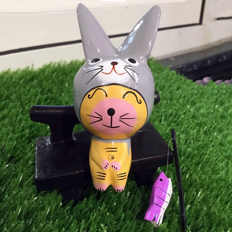 3Cat Shop Animal Model Cat Fishing Wood Carving-Rabbit (without chair) - ของวางตกแต่ง - ไม้ 