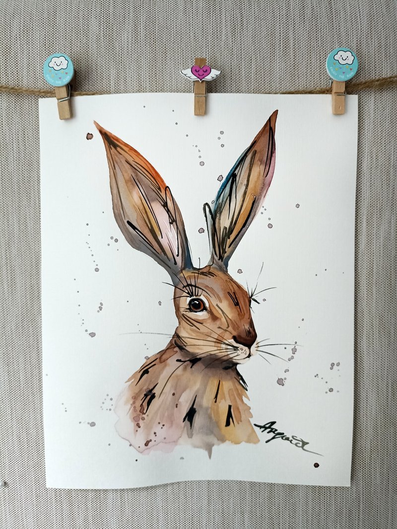 Watercolor original bunny animal room decor hare painting Anne Gorywine - 壁貼/牆壁裝飾 - 紙 白色