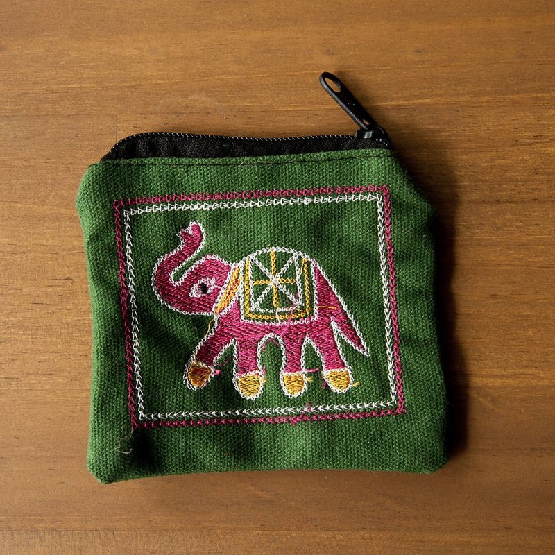 頑皮小象刺繡零錢包－草綠 - 零錢包/小錢包 - 棉．麻 綠色