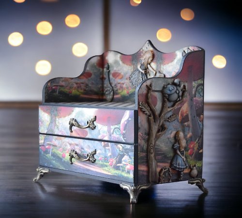 HelenRomanenko Alice in Wonderland jewelry box. Cheshire cat whimsical furniture