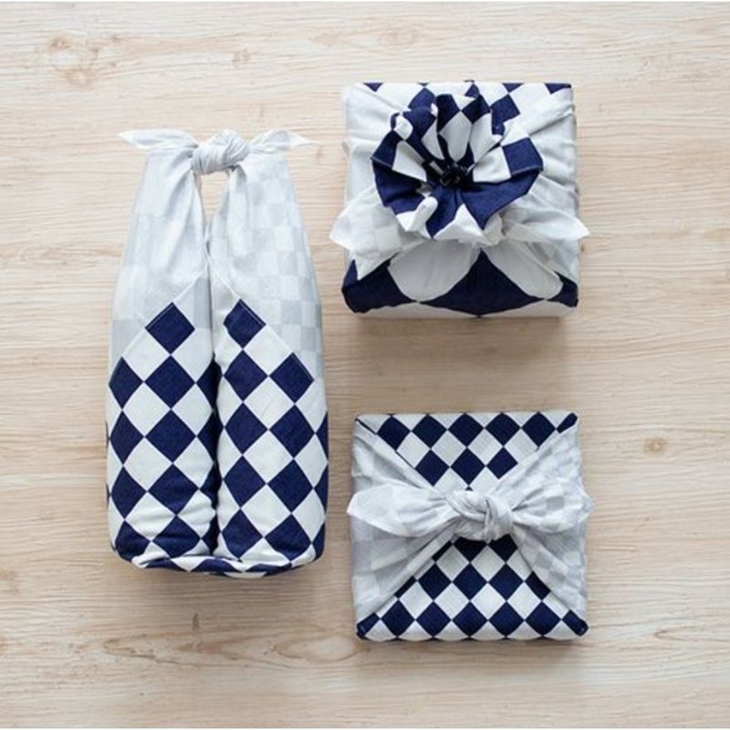 京都風呂敷包巾-祝褔 二巾-市松 - 手帕 - 棉．麻 藍色