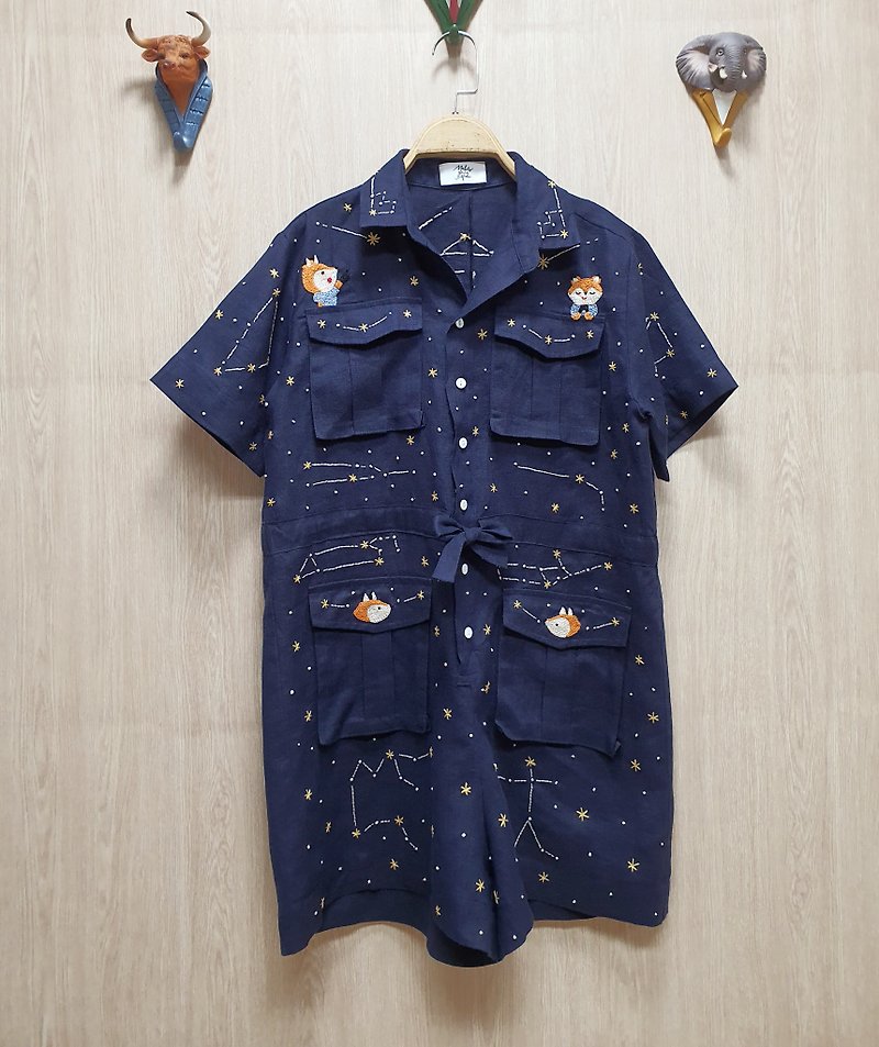 Hand Embroidery Jumpsuit / Playsuit, Linen Fabric, Fox, Star, Zodiac, Star - Overalls & Jumpsuits - Thread Blue