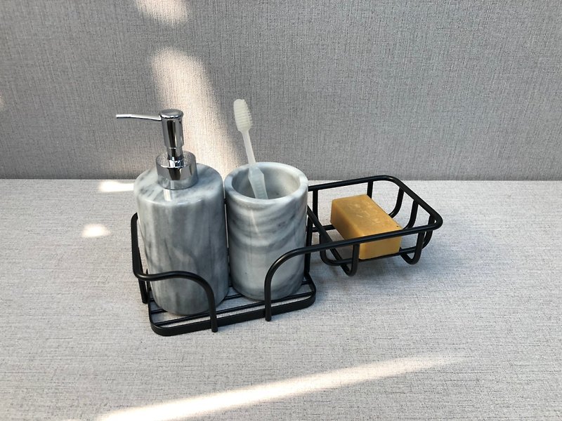 Marble bathroom 3-piece set-hand sanitizer bottle, toothbrush and mouthwash cup, metal storage rack (without soap) - อื่นๆ - หิน ขาว