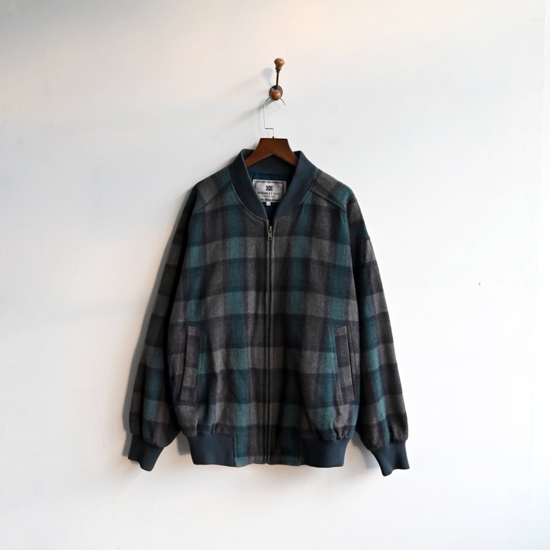 [Egg Plant Vintage] Mori Brown Check Wool Vintage Jacket Baseball Jacket - เสื้อแจ็คเก็ต - ขนแกะ สีเขียว