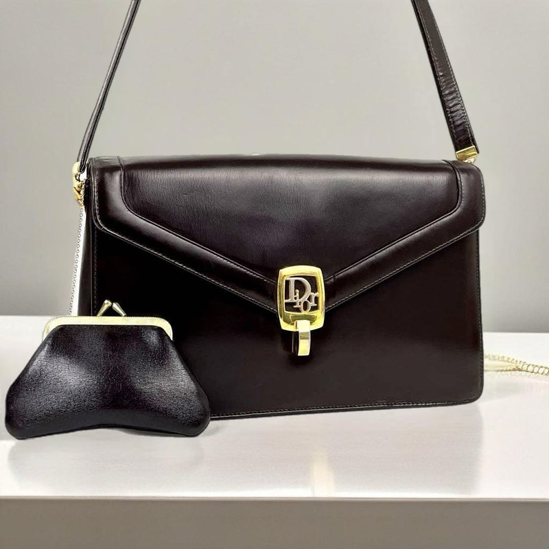 [LA LUNE] Second-hand Dior black leather gold buckle shoulder bag parent-child bag antique handbag - กระเป๋าแมสเซนเจอร์ - หนังแท้ สีดำ