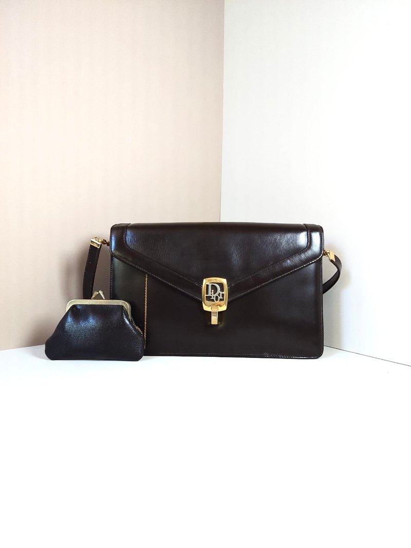 絕版稀有品中古二手Dior咖啡色皮革單肩側背孭親子小包古董信封包 - 側背包/斜背包 - 真皮 咖啡色