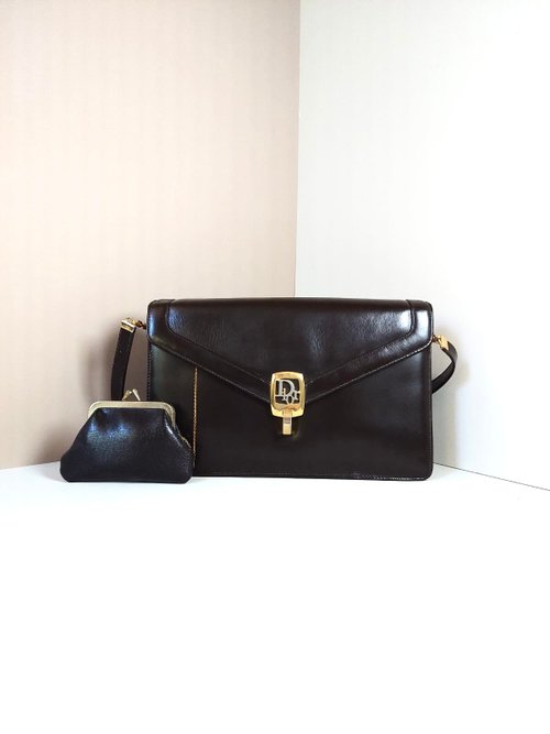 LA LUNE Vintage 日本鑑證古董品選物店 絕版稀有品中古二手Dior咖啡色皮革單肩側背孭親子小包古董信封包