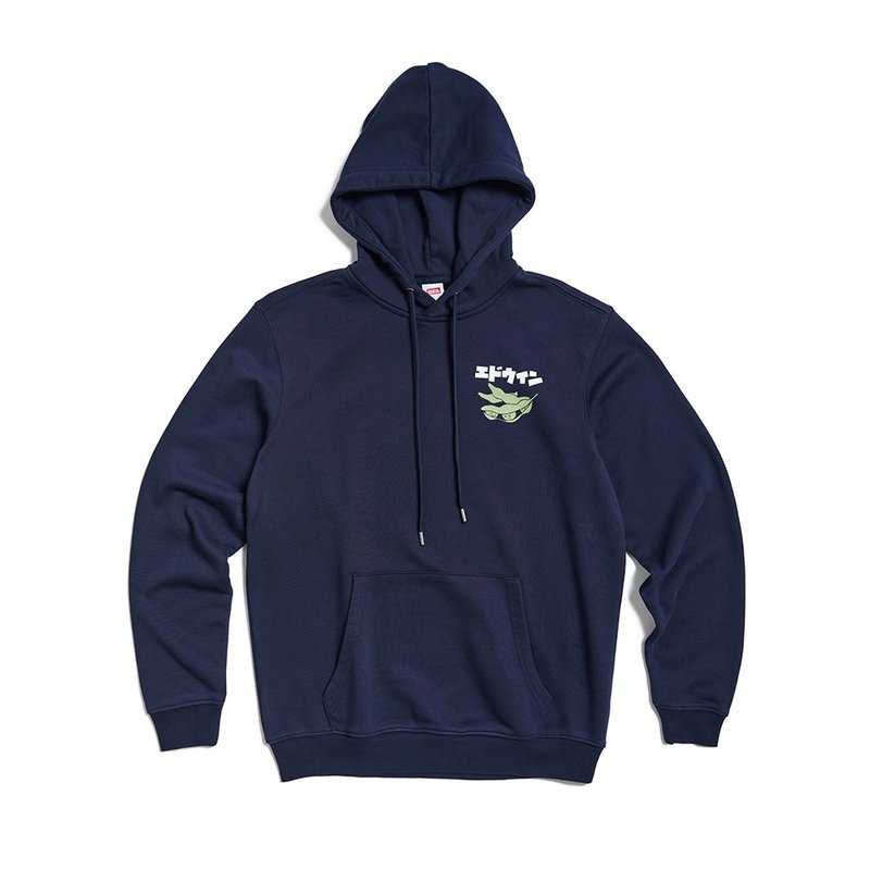 EDWIN 東京散策系列 毛豆三兄弟連帽長袖T恤-男女款 (丈青色) - 帽T/大學T - 棉．麻 藍色