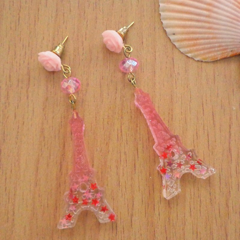 Pink Transparent Eiffel Earrings in Pierce and Clip-on Decor with Star Glitter - 耳環/耳夾 - 樹脂 粉紅色