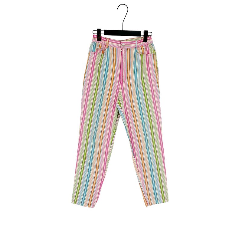 Second-hand color line printing slightly stiff slightly elastic pocket high waist 26 trousers PF322 - กางเกงขายาว - ผ้าฝ้าย/ผ้าลินิน สีน้ำเงิน