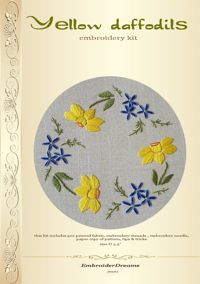 手工刺繡套件 Daffodils hand embroidery kit. - เย็บปัก/ถักทอ/ใยขนแกะ - งานปัก หลากหลายสี