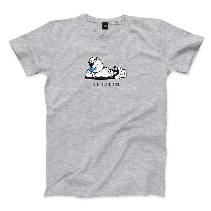 Dozing cat - Linen deep gray - neutral T-shirt - เสื้อยืดผู้ชาย - ผ้าฝ้าย/ผ้าลินิน สีเทา