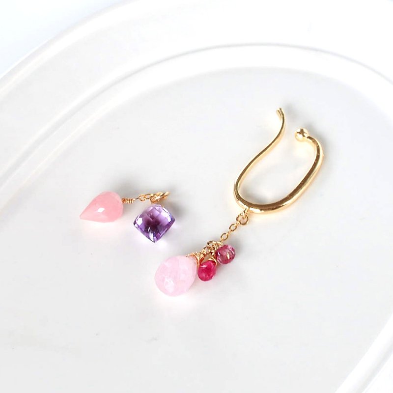 14kgf/Natural stone ear cuff/morganite x guava quartz amethyst 2WAY - Earrings & Clip-ons - Gemstone Pink