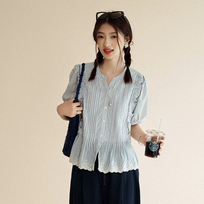 Contrast color thread embroidered babydoll shirt | shirt | two colors | summer style | Sora-1560 - เสื้อเชิ้ตผู้หญิง - ผ้าฝ้าย/ผ้าลินิน หลากหลายสี