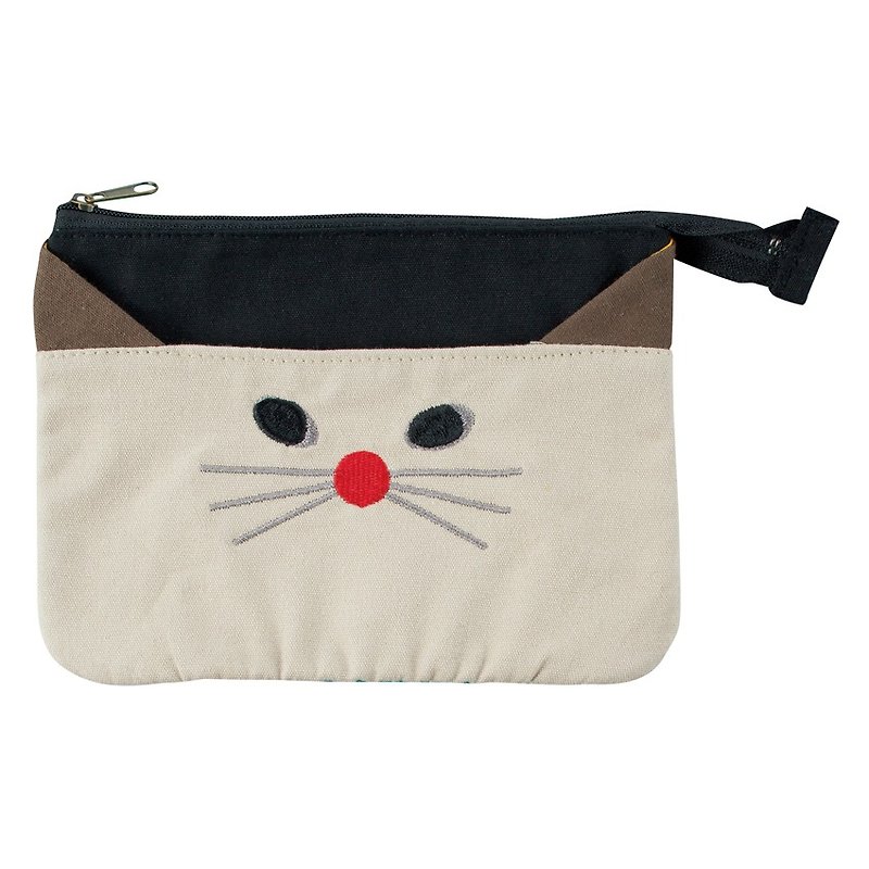 【日本Decole】Happy Cat Day系列三毛貓款A6尺寸平口收納整理包 - 化妝包/收納袋 - 棉．麻 白色