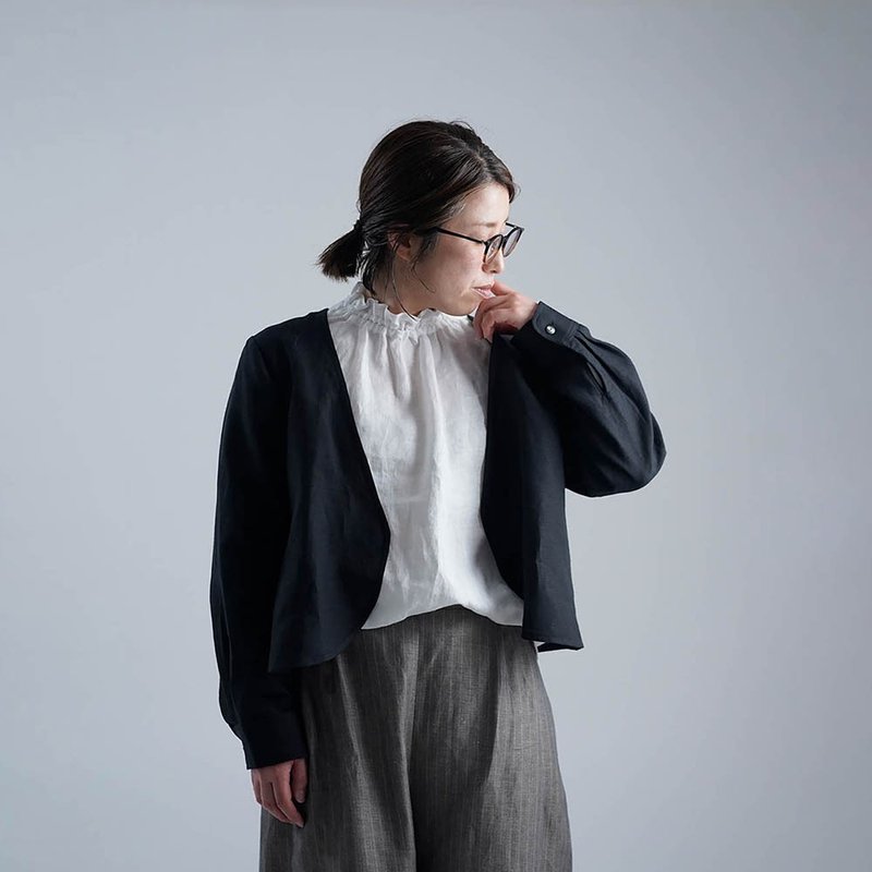 wafu --Ama open collar linen V-neck Bolero / Black h001c-bck2 - เสื้อผู้หญิง - ลินิน สีดำ