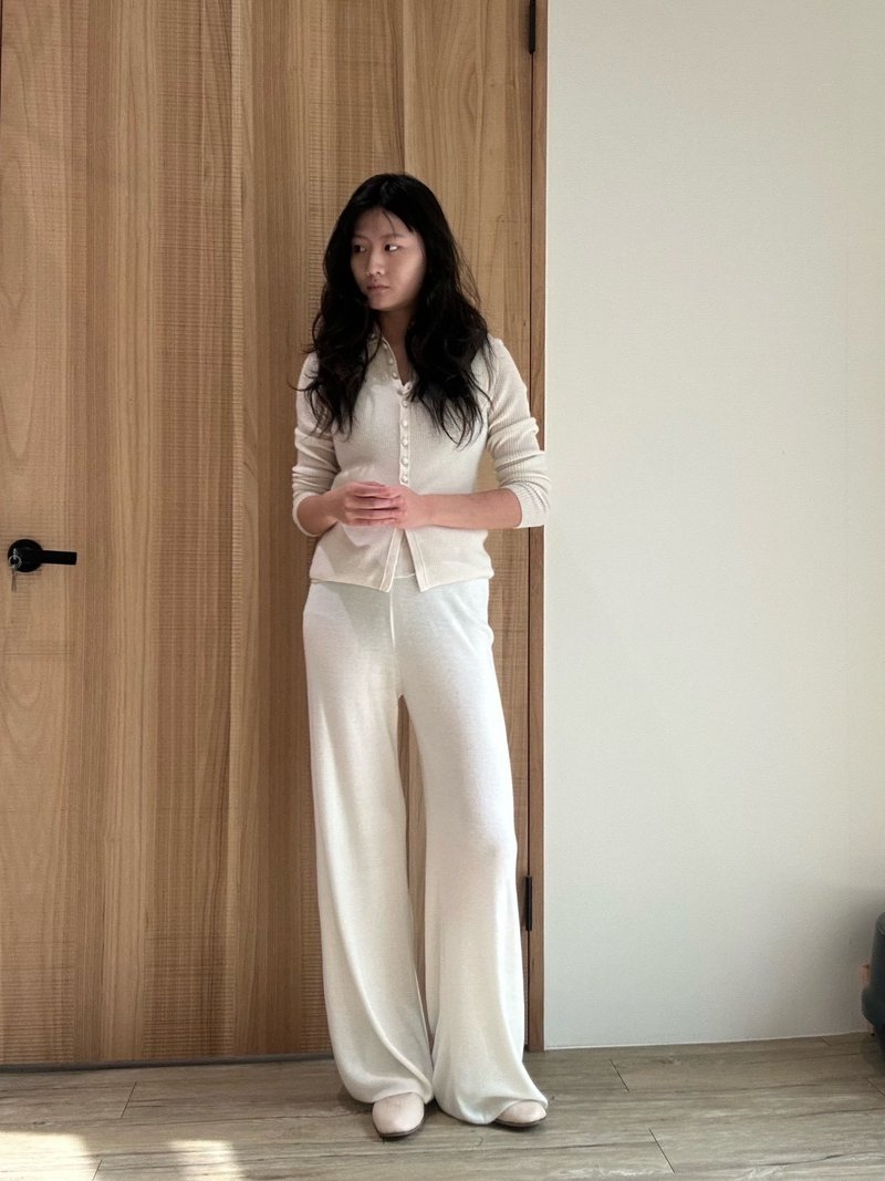 腰鬆緊針織長褲 - 女裝闊腳褲/長褲 - 羊毛 白色