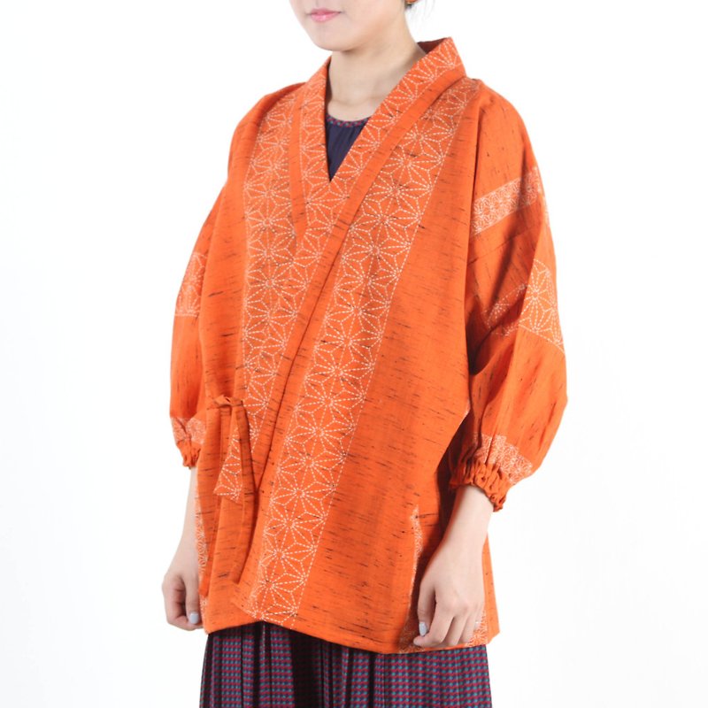 [Egg plants vintage] warm orange Chaoyang printing vintage kimono feather weaving - Women's Casual & Functional Jackets - Polyester Orange