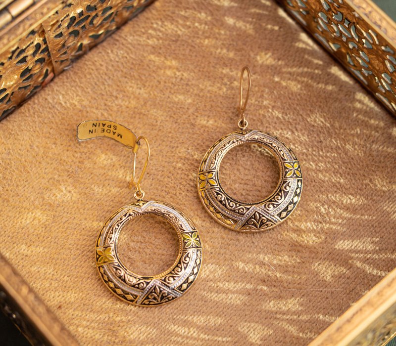 Vintage Spanish Damascene Torus Ornament Earrings - ต่างหู - โลหะ สีทอง