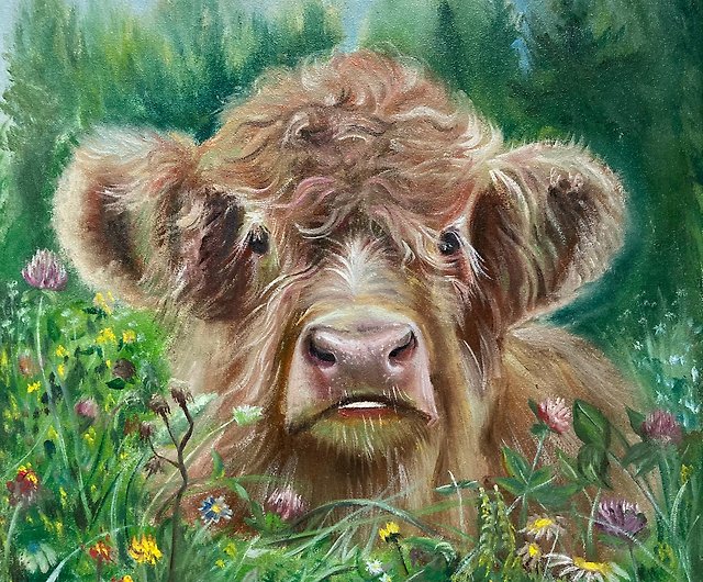 かわいい子牛の絵、Cottagecoreの絵、キャンバス上のオリジナルの牛の