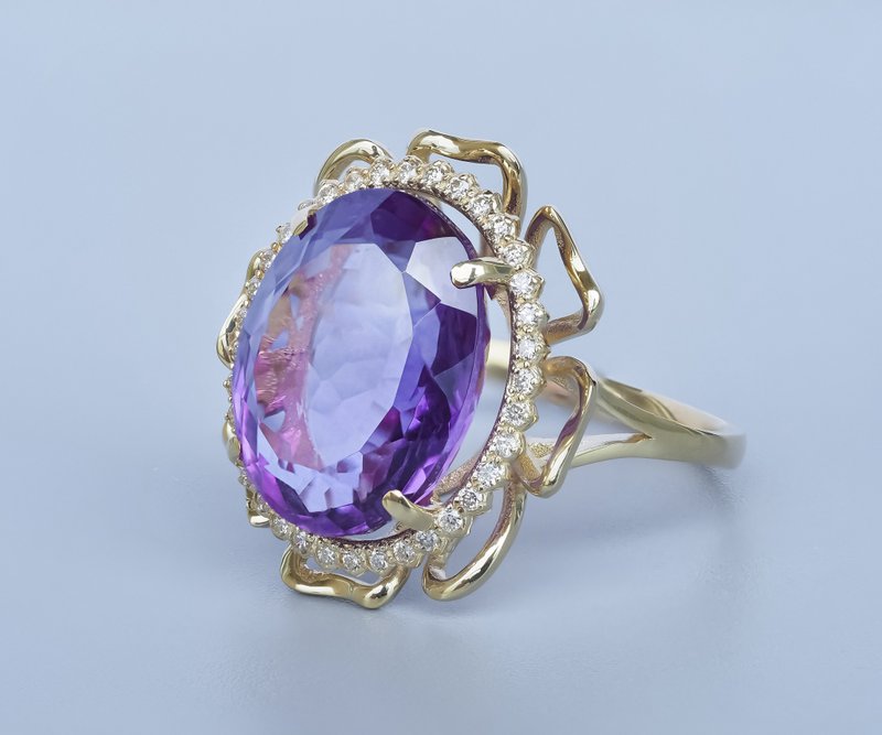 Massive flower ring with amethyst and diamonds - 戒指 - 貴金屬 金色