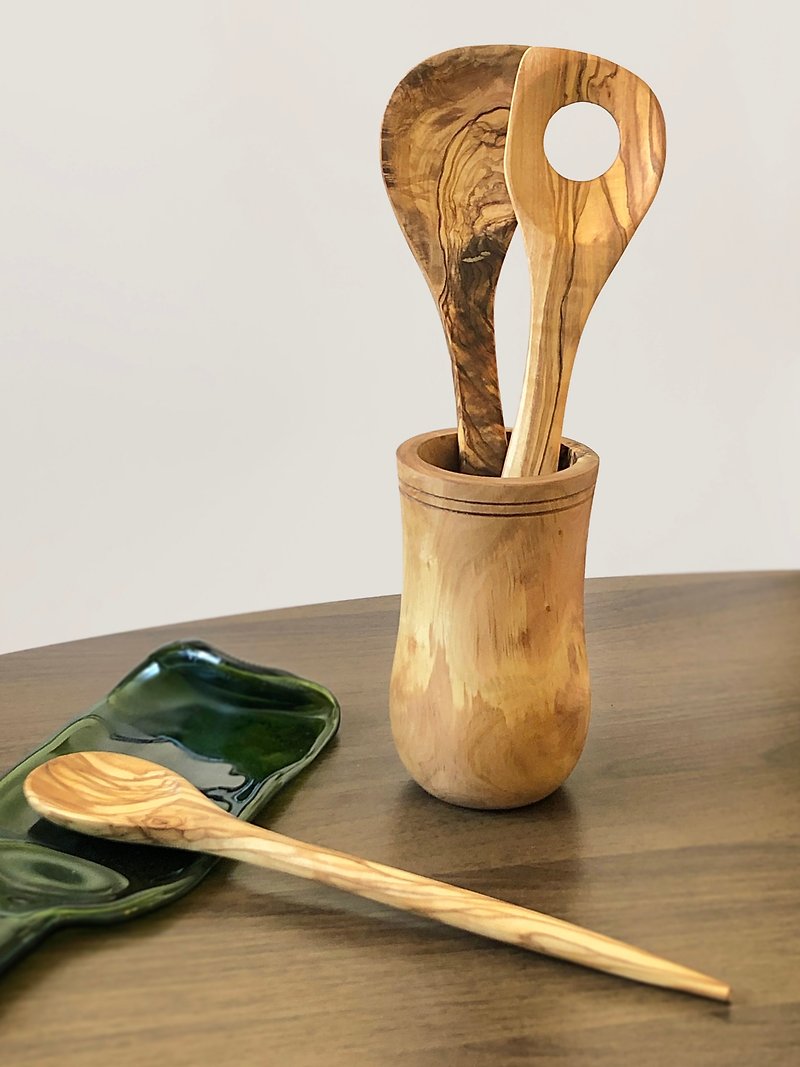 手工橄欖木煮食工具桶餐具架四件套 - 廚具 - 木頭 