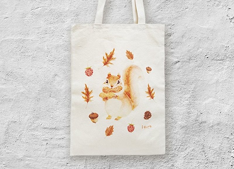 i包山包海包 手繪風帆布包-A6.松鼠與松果 - 側背包/斜孭袋 - 棉．麻 