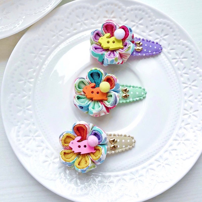 Flower cloth ball wooden buckle rabbit color matching Japanese style and wind cloth flower little child baby water drop clip - Baby Accessories - Other Materials Multicolor