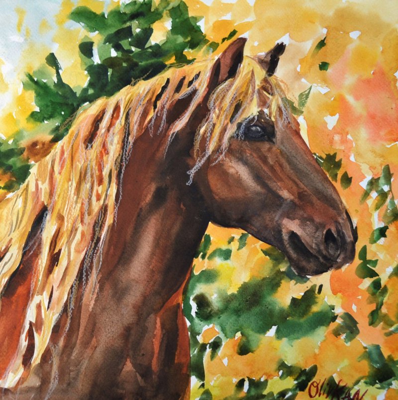 Horse Watercolor Animal Original Art Horse Painting by Olivkan - 海報/掛畫/掛布 - 環保材質 咖啡色