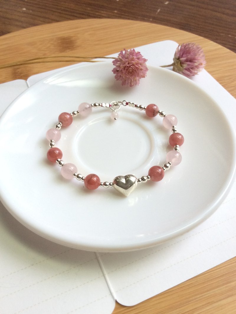 Ops Rhodochrosite Rose Quartzx silver bracelet -粉晶/紅紋石/純銀/粉嫩/天然石/手鍊/桃花 - 手鍊/手環 - 寶石 粉紅色