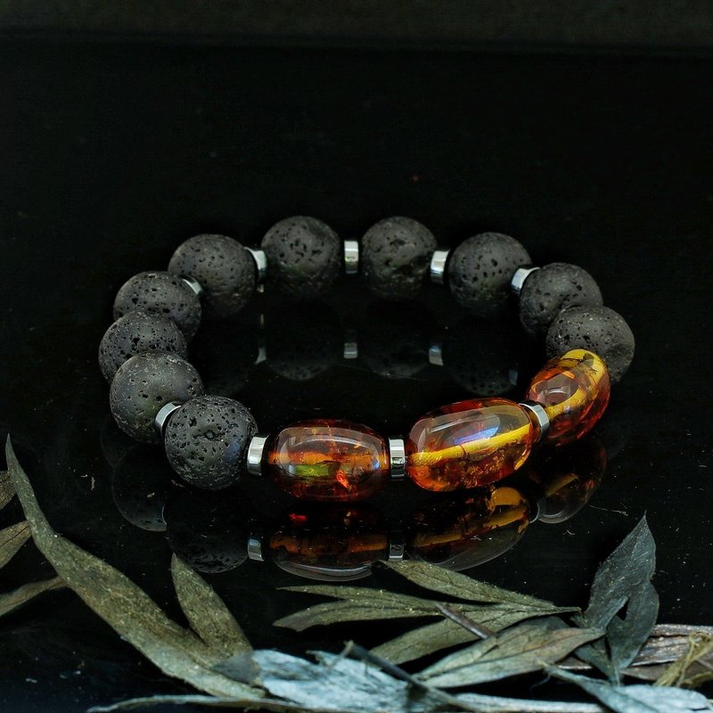 波羅的海爆花金琥珀 12mm 火山石手鍊-3 - 手鍊/手環 - 玉石 