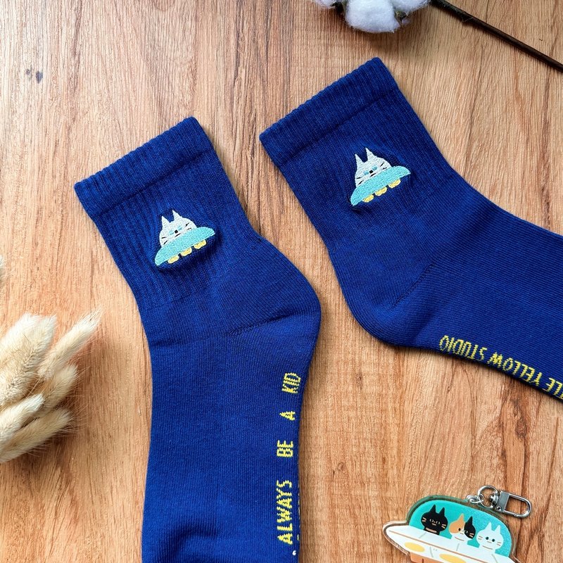 Embroidered socks, embroidered socks - UFO Cat - Women's Booties - Cotton & Hemp Blue